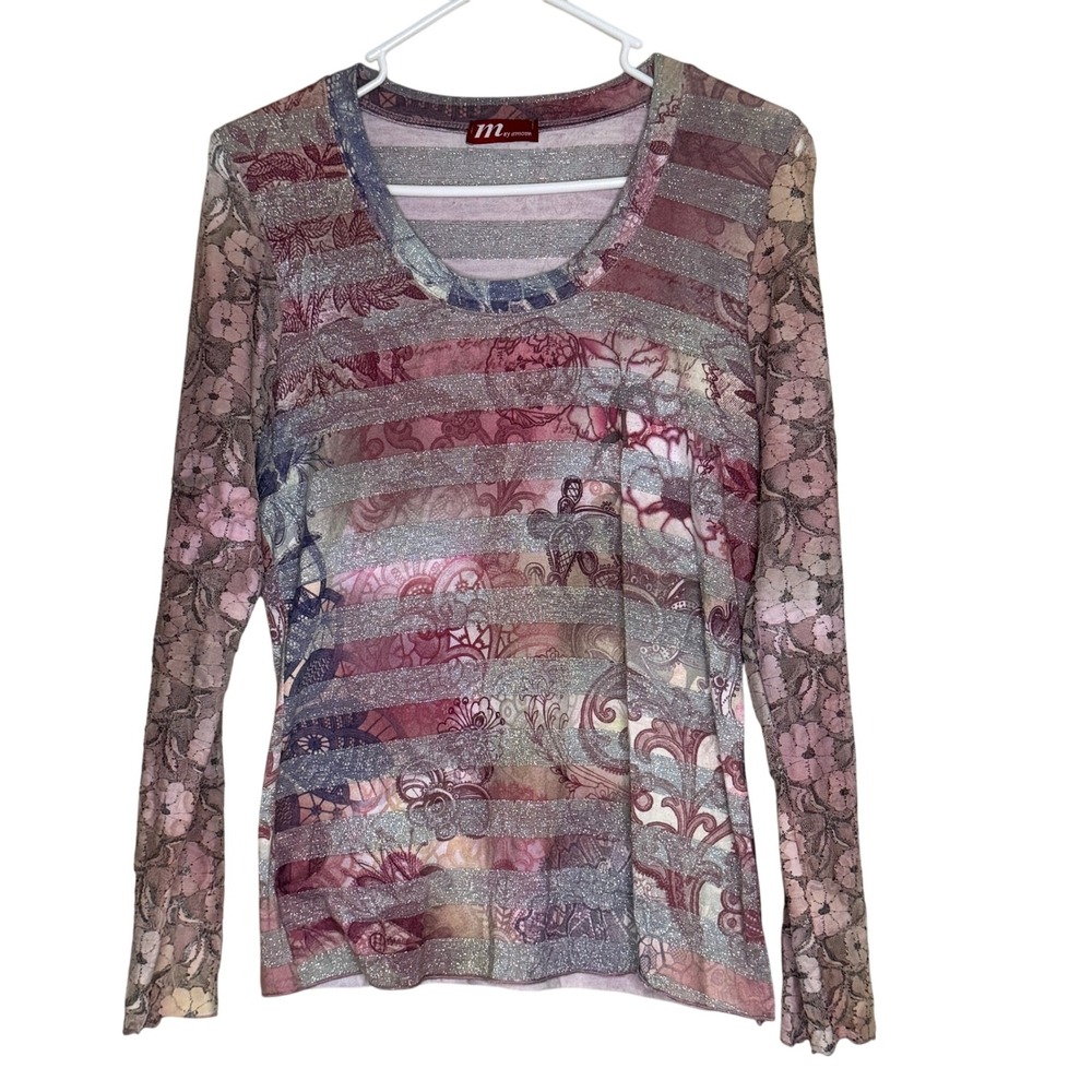 Y2K Feminine Sheer Sleeve M Floral Paisley Long Sleeve Sparkle Top‎ Fairy Dainty